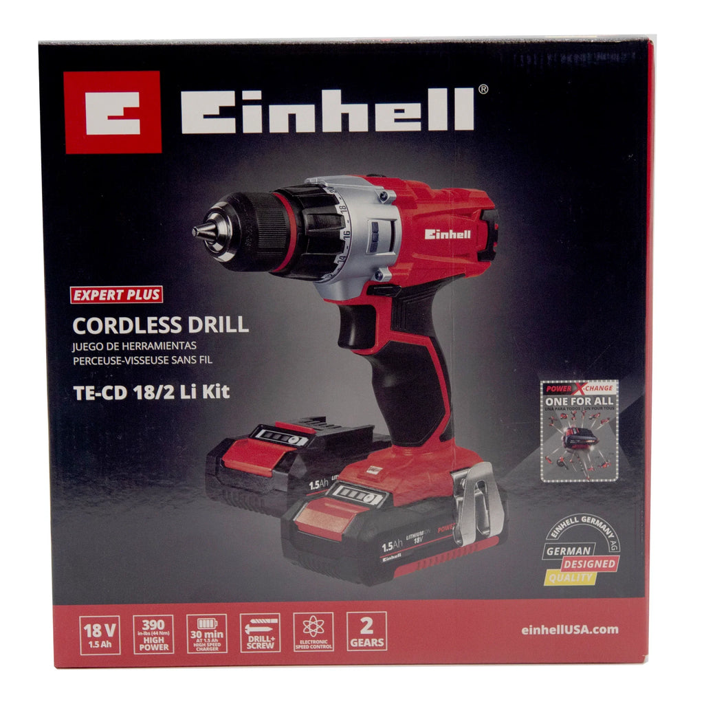 Einhell TE-CD Power X-Change 18-Volt Cordless 2-Speed 1250 RPM MAX, 20+1 Torque Setting Workshop Drill/Driver, w/Case, Belt Clip, Keyless Chuck, Built-in LED, Kit (w/ 2x1.5-Ah Battery + Fast Charger)