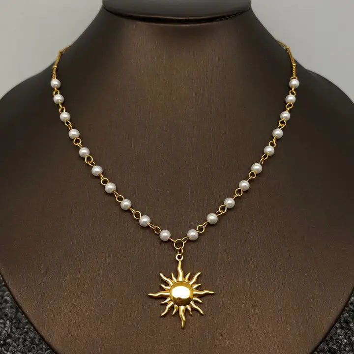 18K Gold Plated Sun Charm Pearl Chain Necklace 18 inches Hooked on