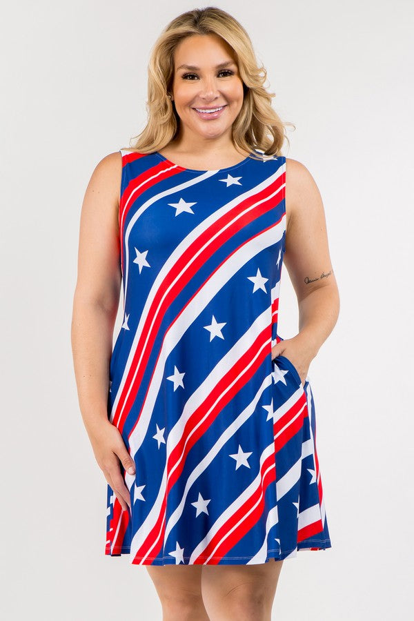 Lady's American Flag USA Red White & Blue Striped Tank Dress