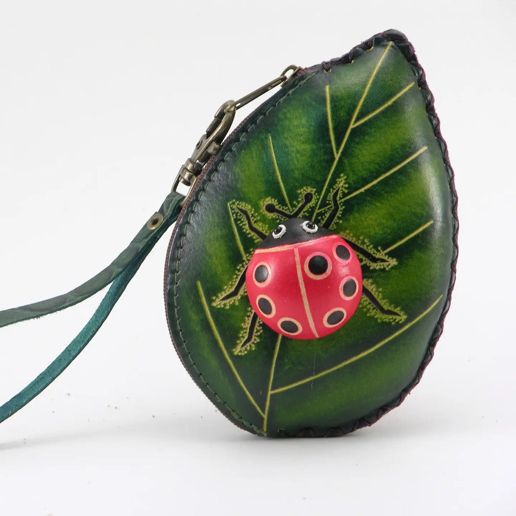 Ladybug with Leaf Wristlet- E526 Leather Coin Purse Wallet