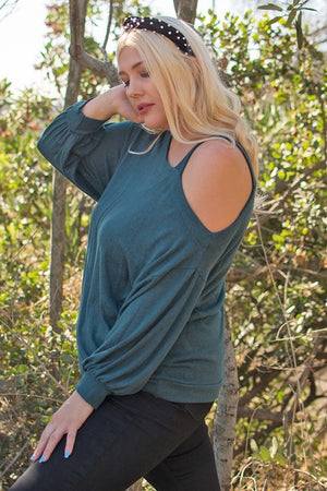 Plus Size Solid Hacci Brush Cold Shoulder Top-Hunter Green
