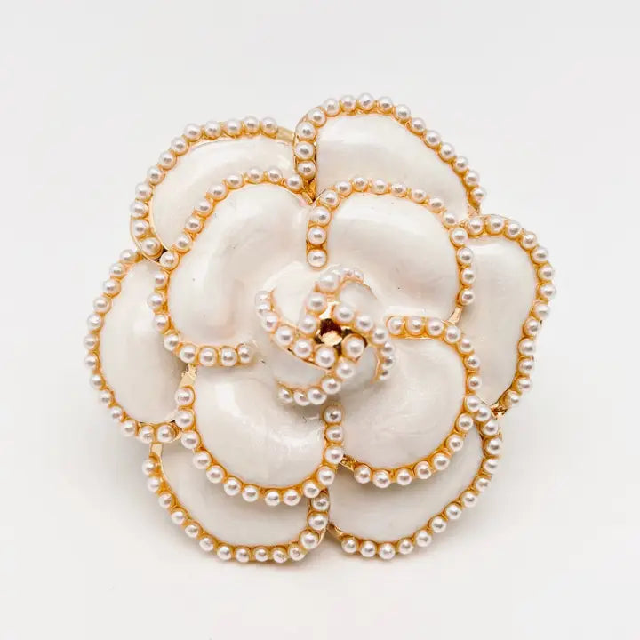 Camellia Pearl Enamel Brooch Pin - White