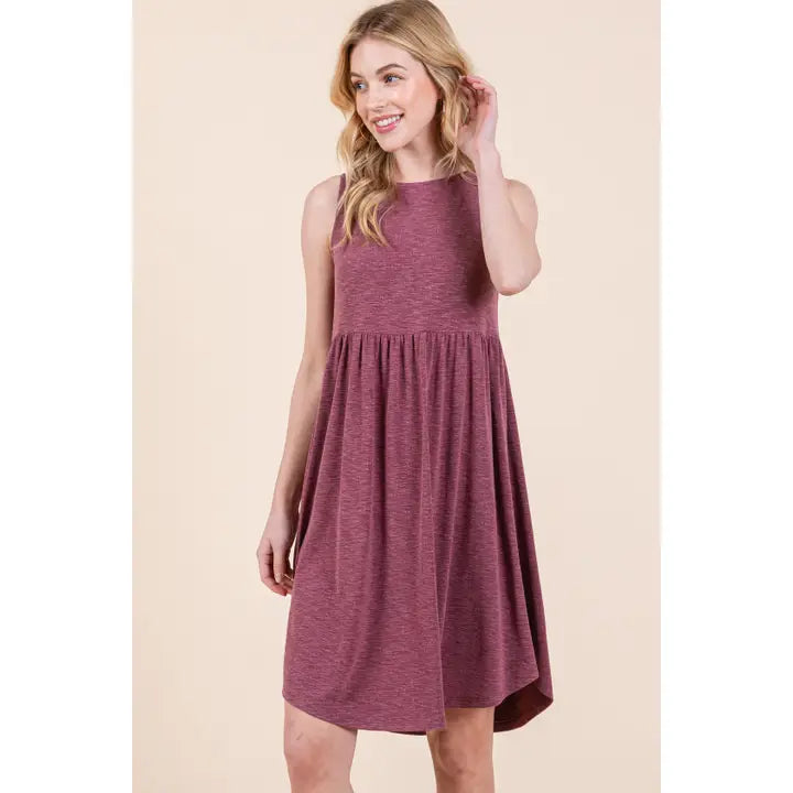 Plus Size Solid Babydoll Sleeveless Knee Dress-Burgundy