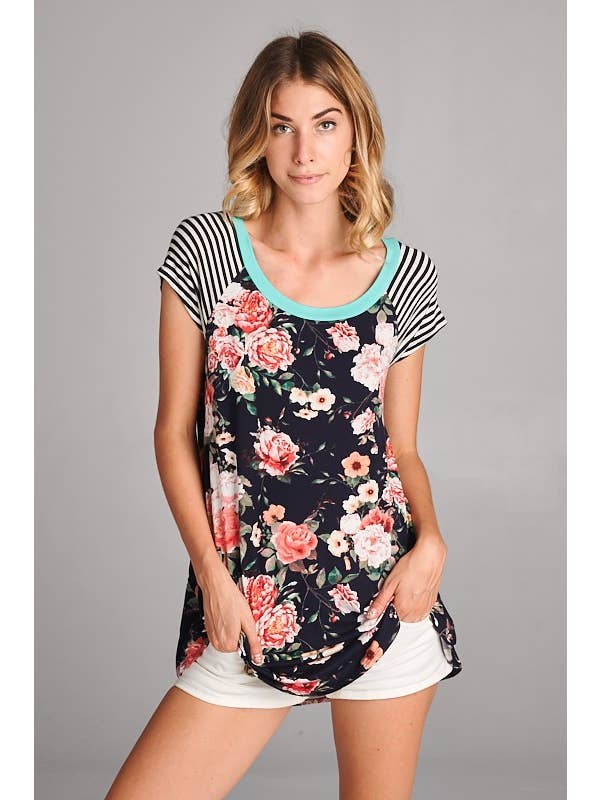 Floral Print Tunic Top-black/Mint
