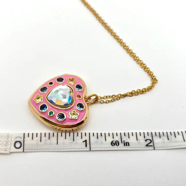 Enamel Pink Heart-Shaped Photo Album Pendant Necklace