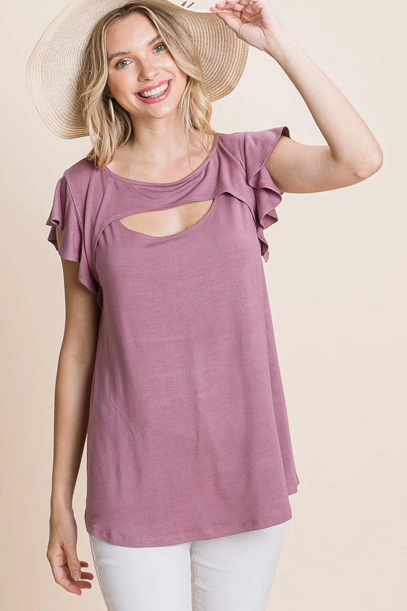 Plus Size Solid Jersey Cut Out Bell Sleeves Top-Dark Mauve