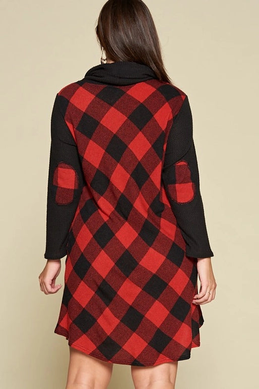 Plus Size Buffalo Plaid Dress with Elbow Patches-Red/Black