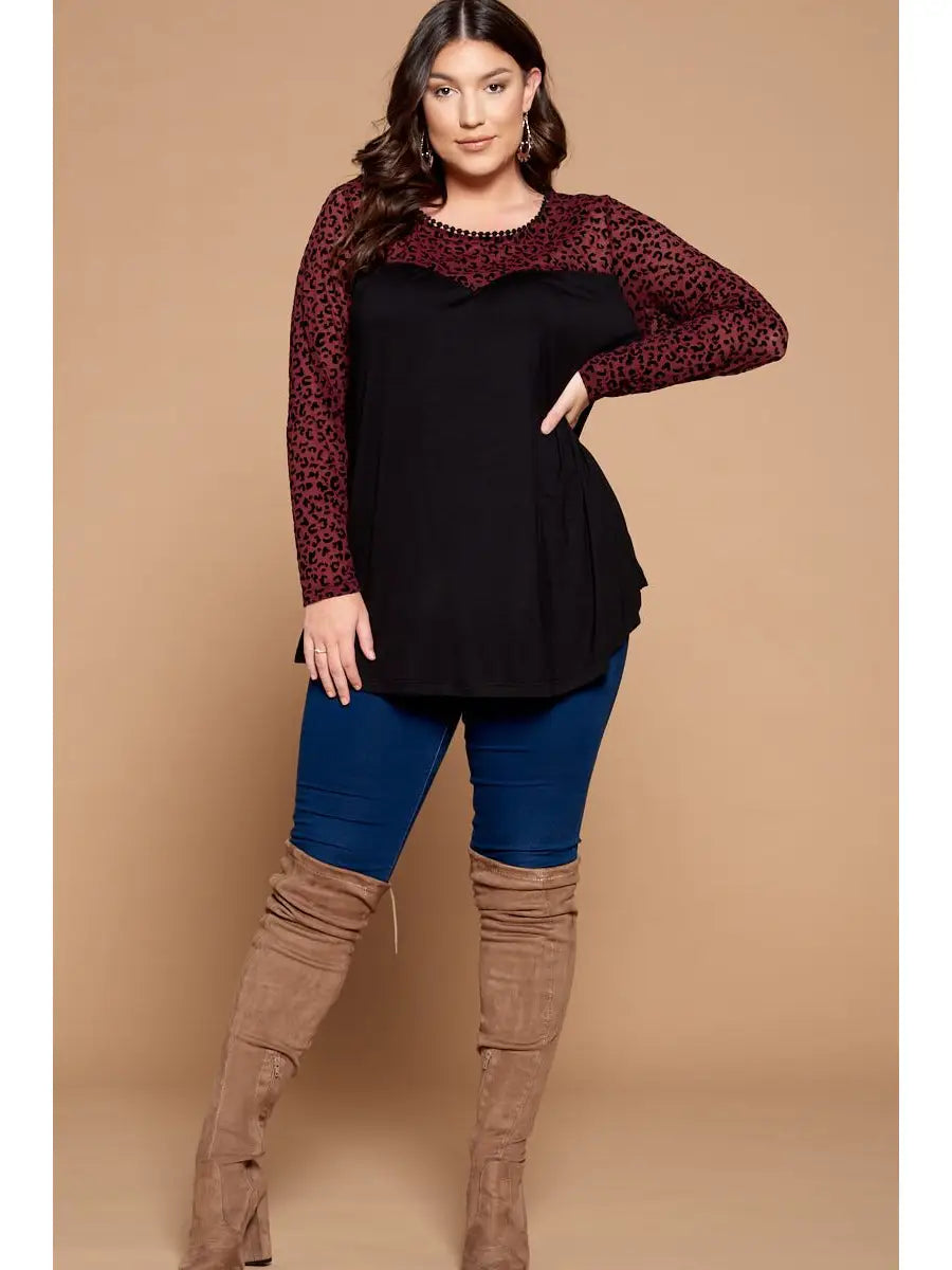 Plus Size Animal Mesh Long Sleeve Top-Wine