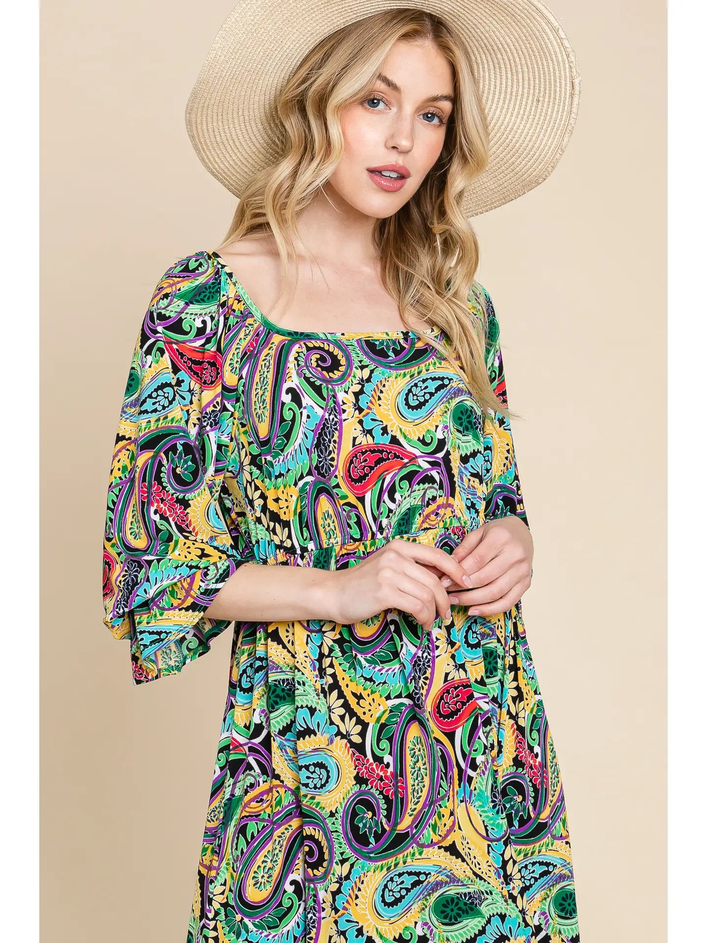 Plus Size Ity Print Tiered Square-Neck Dress-Size 2X-Green/Purple