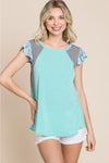 Plus Size Floral and Striped Sleeves Top-Mint