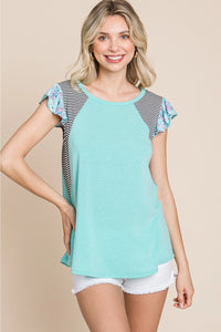Plus Size Floral and Striped Sleeves Top-Mint