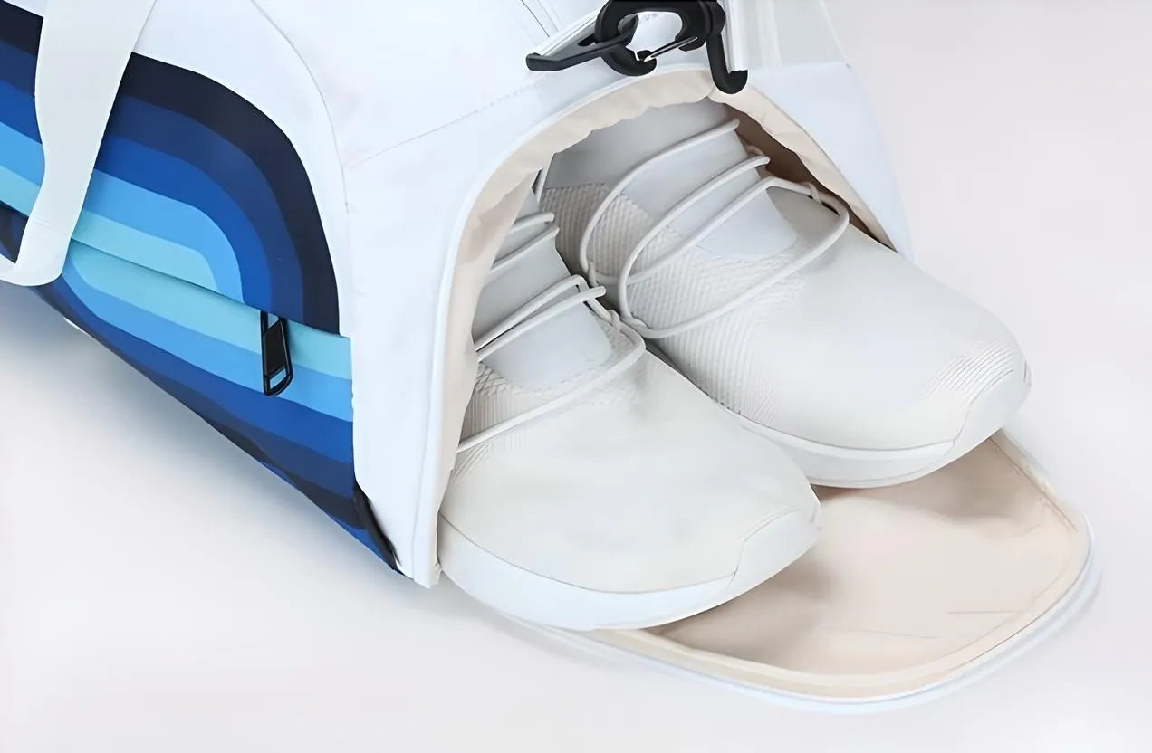 Blue and White Duffle Bag