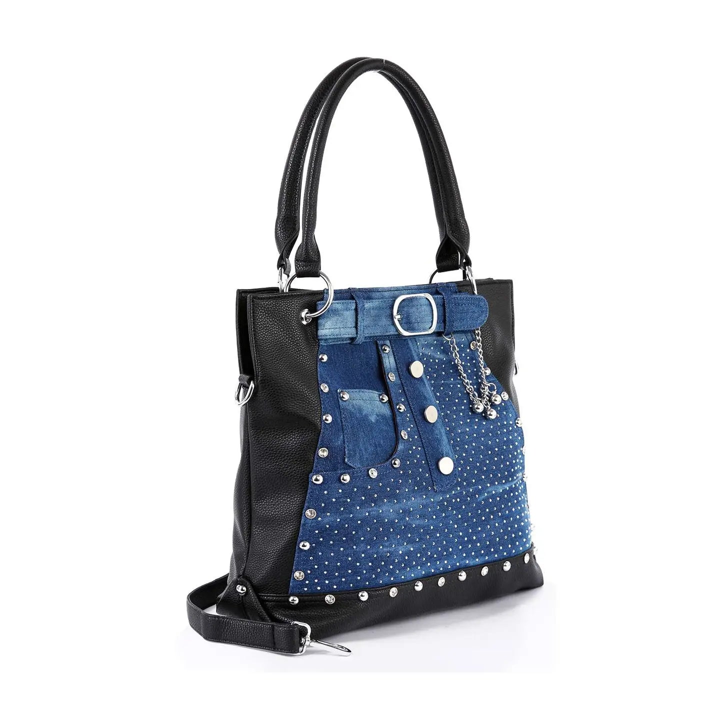 Belted Jean Design Tote Handbag-Blue Black