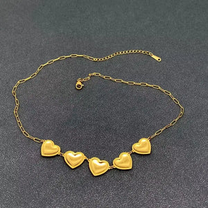 5 Glossy Heart Linked 18K Gold Plated Stainless Steel Necklace)
