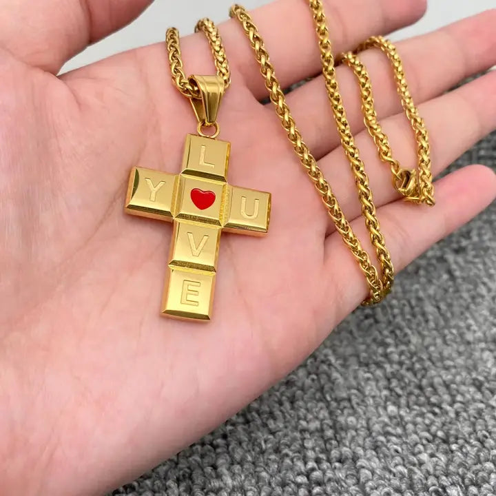 I Love You Heart Stainless Steel Cross Necklace-Gold