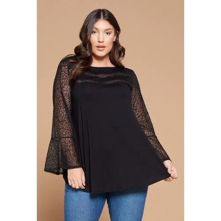 Plus Size Animal Mesh Bell Sleeves Top-Black