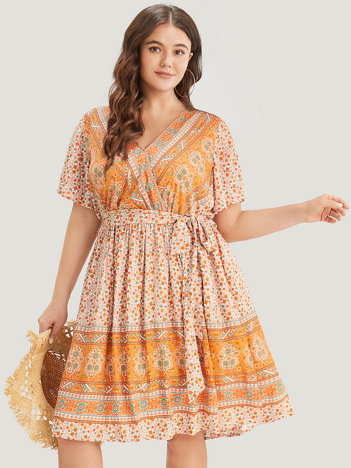 Bandana Print Belted Pocket Flutter Surplice Neck Knee Dress - Orange