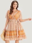 Bandana Print Belted Pocket Flutter Surplice Neck Knee Dress - Orange