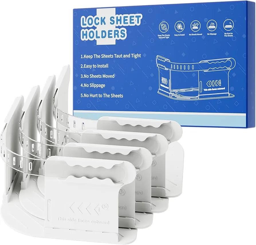 Bed Sheet Clips 4 Pack Heavy Bed Sheet Grippers With Fastening Strips, Locking for Mattress Protectors, Blankets, Bedding (White)