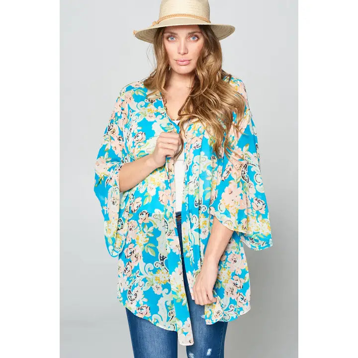 Plus Size Hi-Multi Floral Spring Kimono-Turquoise