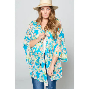 Plus Size Hi-Multi Floral Spring Kimono-Turquoise