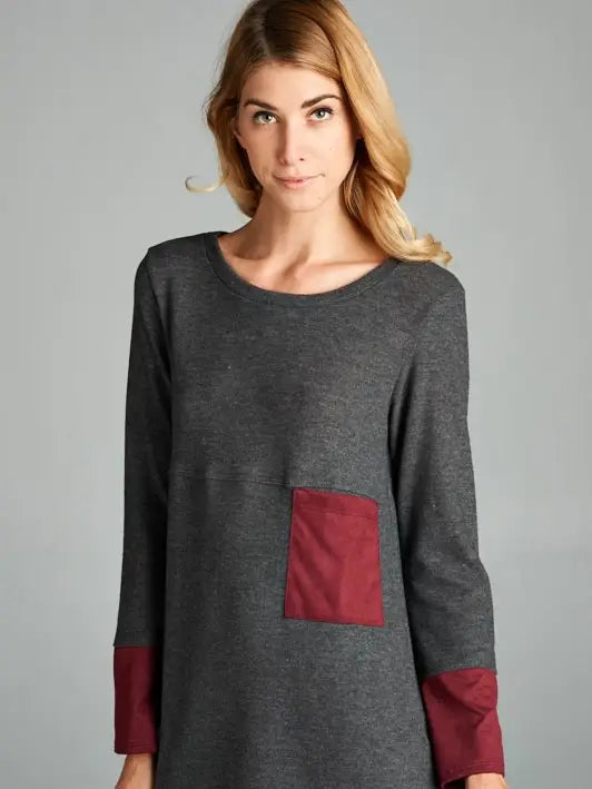 Plus Size Very Soft Hacci Brush Long Sleeve Top (Charcoal/Burgundy)