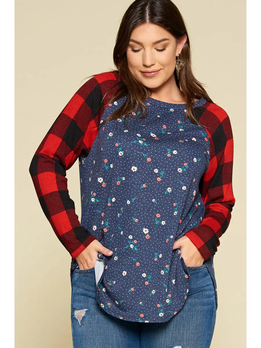 Plus Size Buffalo Plaid and Floral Raglan Top-Navy/Red