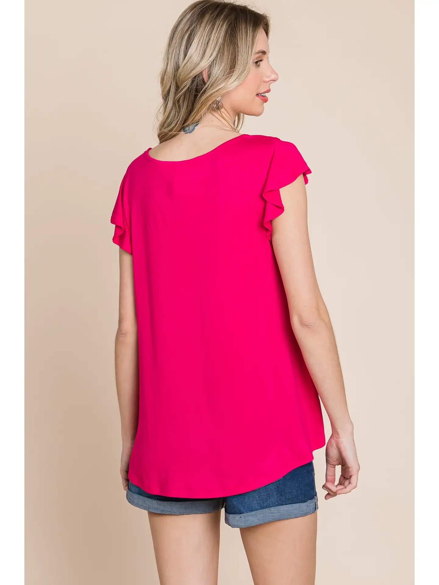 Plus Size Solid Jersey Cut Out Bell Sleeves Top-Hot Pink