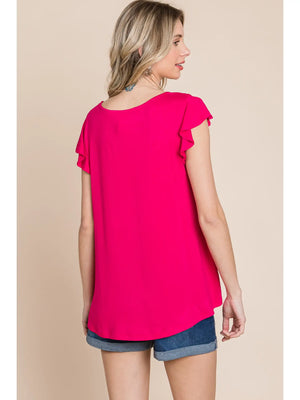 Plus Size Solid Jersey Cut Out Bell Sleeves Top-Hot Pink