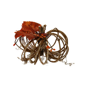 Large Twig Pumpkin w/Fall Leaves 7"Dx4H