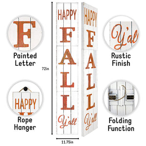 Happy Fall Y'all Rustic Wood White Porch Sign 3-Panel Foldable Wood 11.75x72H
