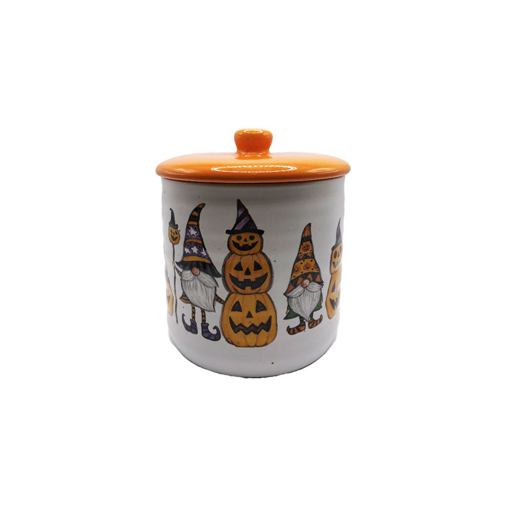Cobwebs & Cauldrons Gnome & Pumpkin Ceramic Canister 4.25x5.5H