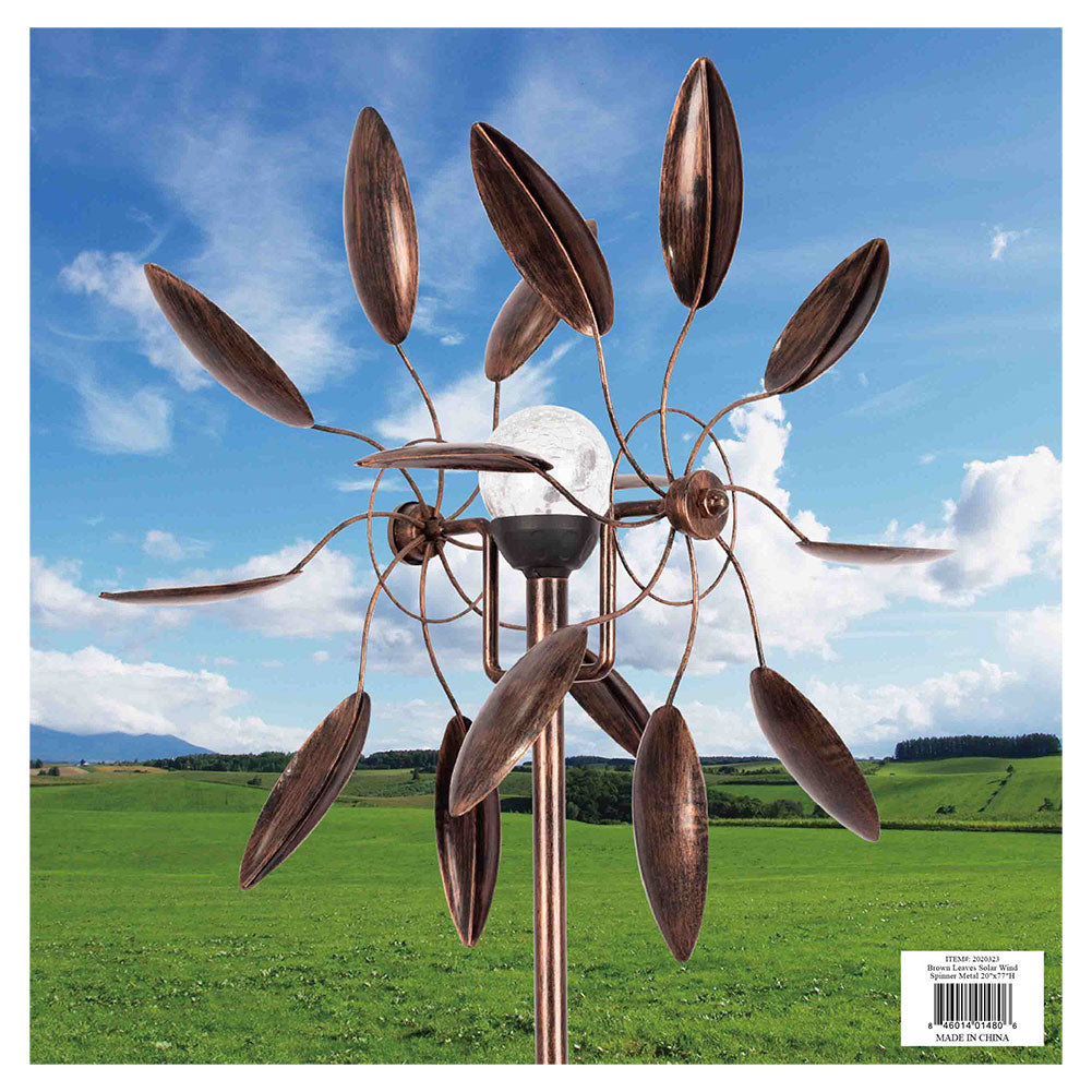 Brown Leaves Solar LED Wind Spinner Metal 20"x77"H
