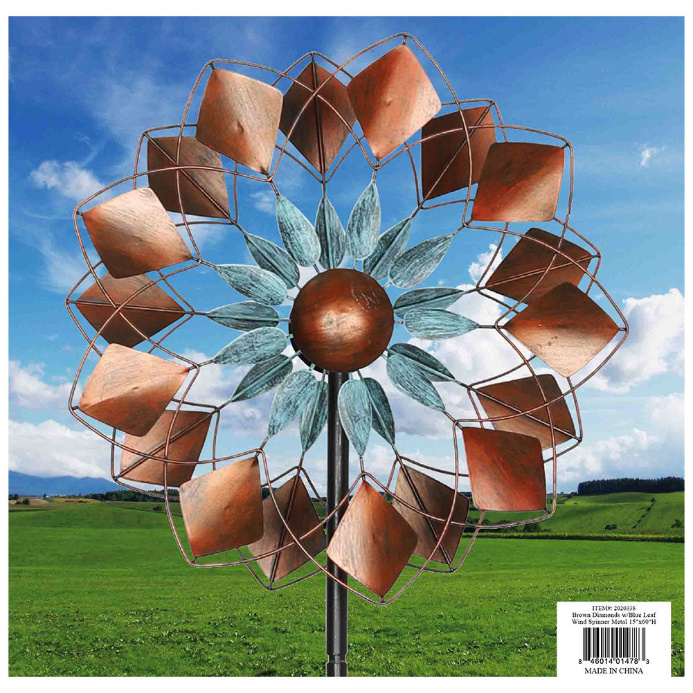 Brown Diamonds w/Blue Leaf Wind Spinner Metal 15"x60"H