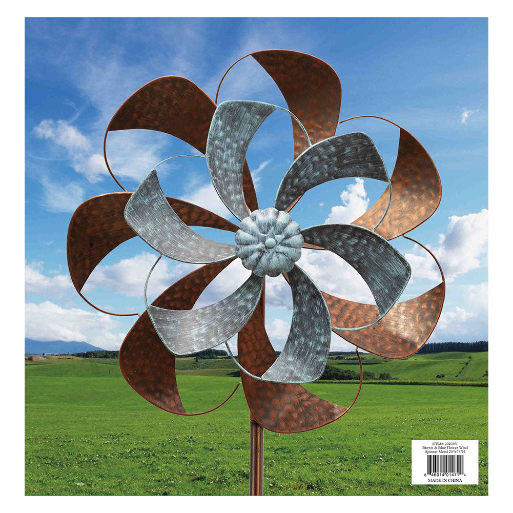 Brown & Blue Flower Wind Spinner Metal 20"x73"H