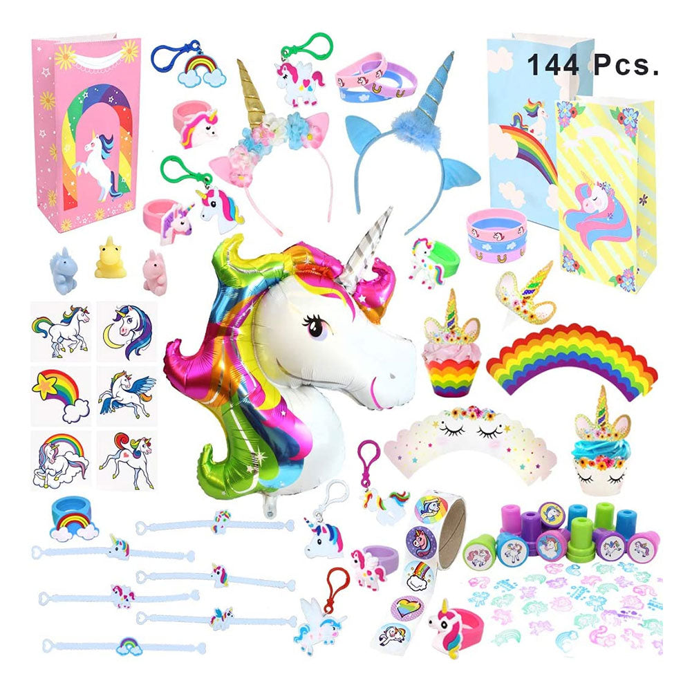 Unicorn Party Favors 144 Pcs Tattoos, Bags, Wristbands, Bracelets, Stampers Etc.