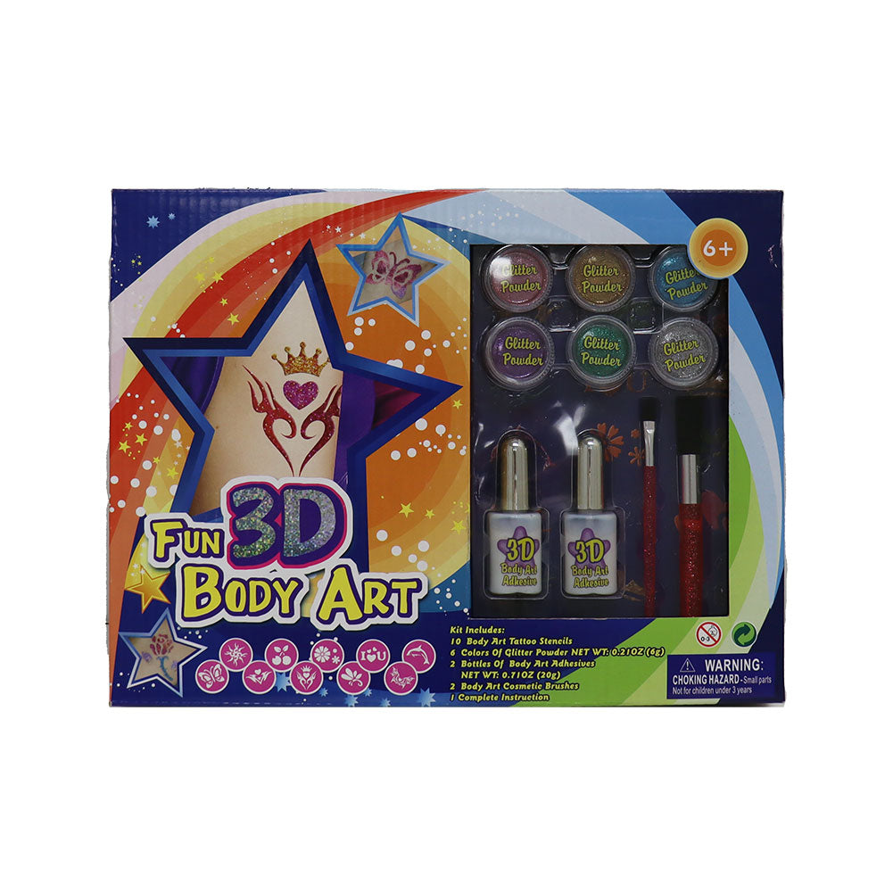 Funtengo Fun 3D Body Art Set Stencils, Glitter Powder, Brushes, Adhesive