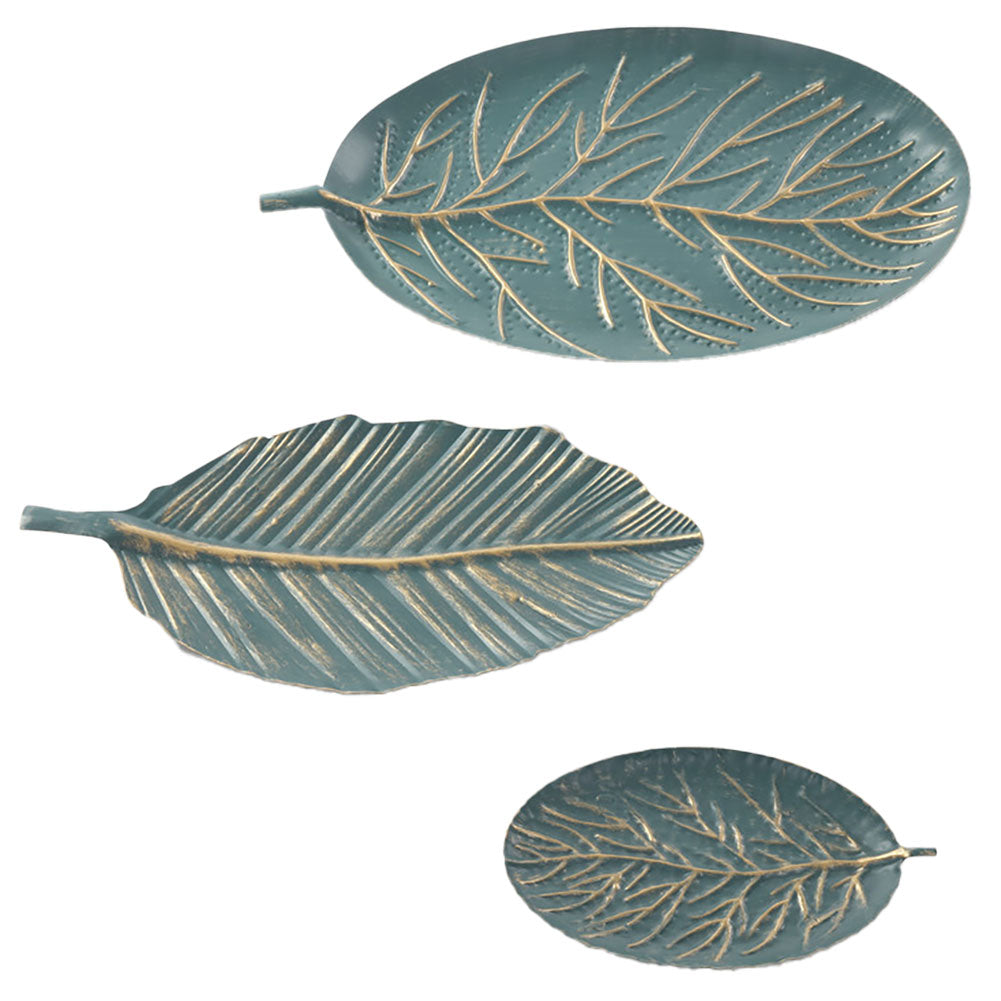 Green Leaf Footed Trays Set/3 Metal 4.75x7.5x.5"H, 6x12x.5"H, 8.5x13.75x1.15"H