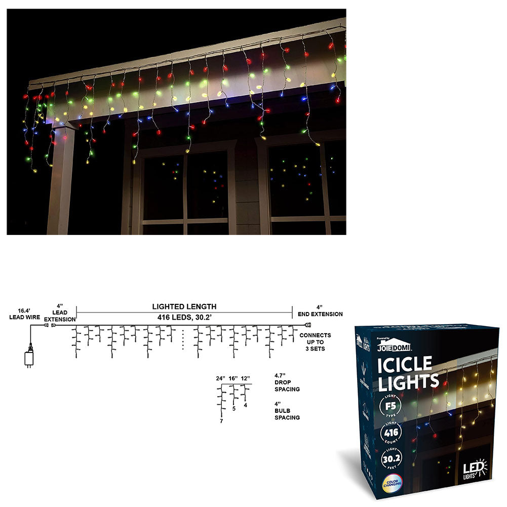 JoieDomi LED Color Changing Icicle Lights Clear Wire 416 Lights Plug In
