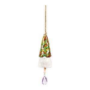 Evergreen Gnome Bell Chime Green Glass, Ceramic & Rope Hanger 3"Dx6.75"H