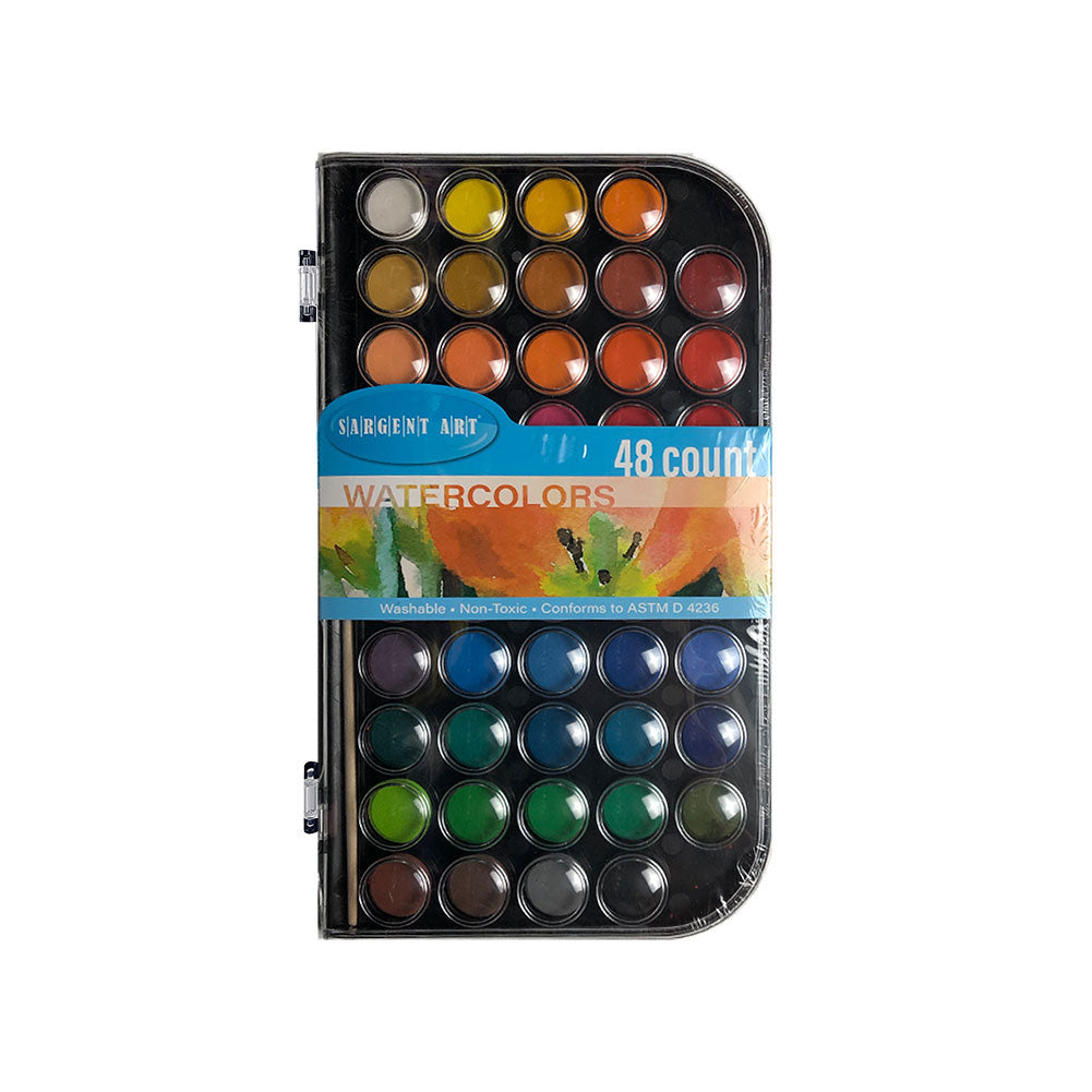 Sargent Art 48 Count Watercolor Cakes Plastic Case w/Paint Brush Washable
