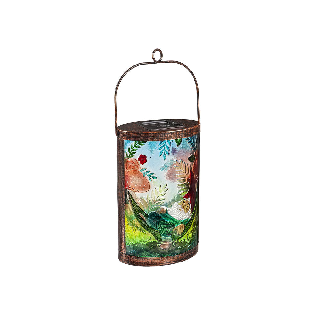 Evergreen Hand Painted Solar Glass Lantern Peaceful Gnome Metal/Glass 5.9x3.74x9.45H