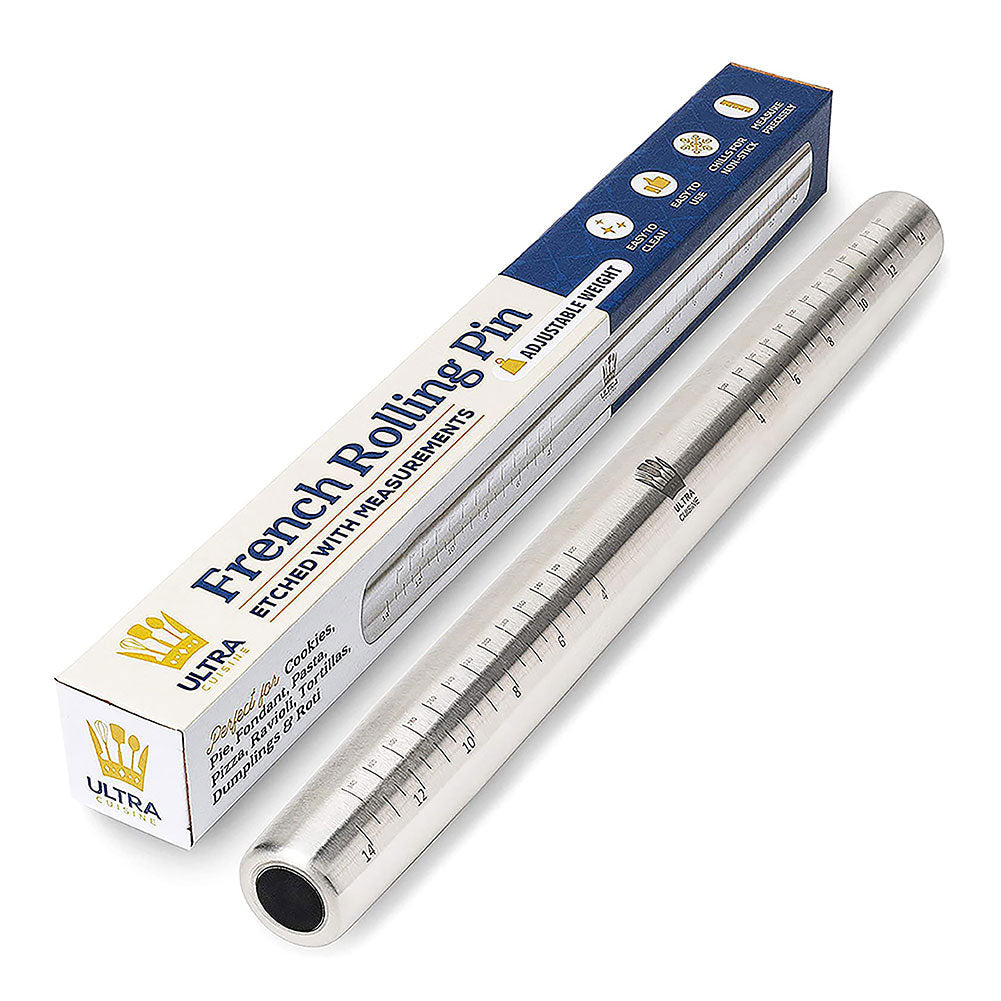 Ultra Cuisine French Rolling Pin Adjustable Weight Etched Measurements SS 15.5 Long