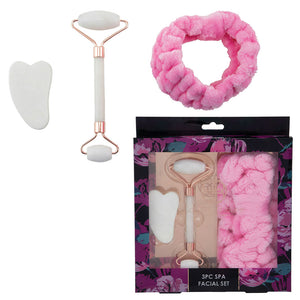 Candie Couture 3 Piece Spa Facial Set, Gua Sha, Jade Roller & Pink Plush Headband