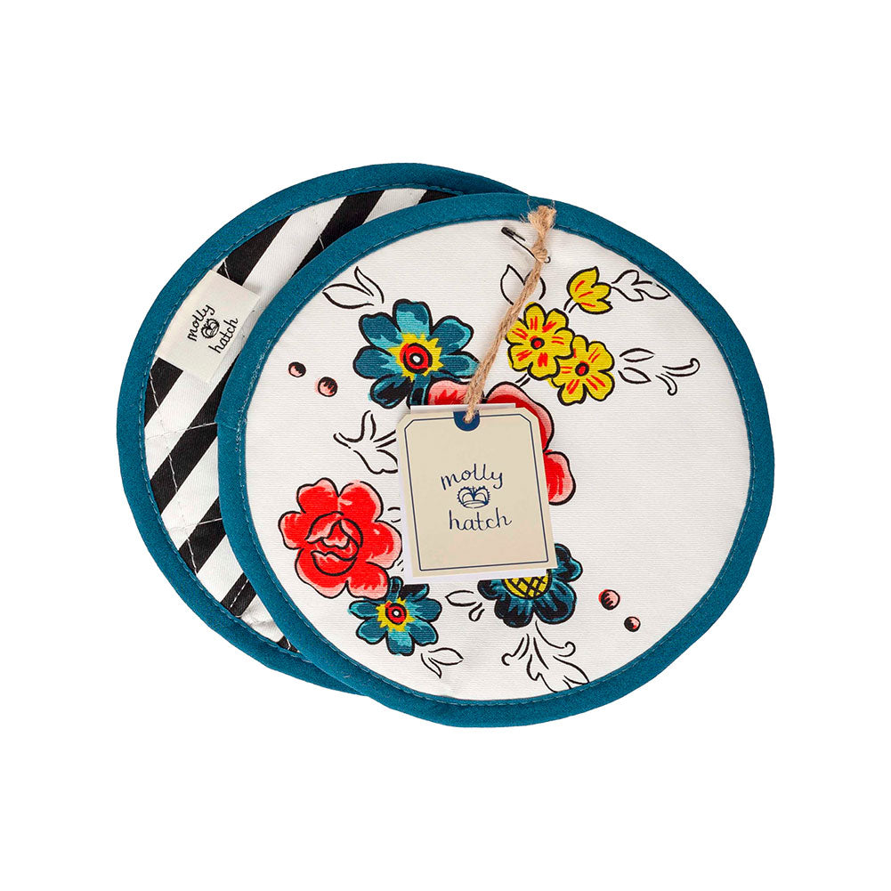 Molly Hatch Set/2 Pot Holders Round Blue Floral/B&W Stripe 8" 100% Cotton