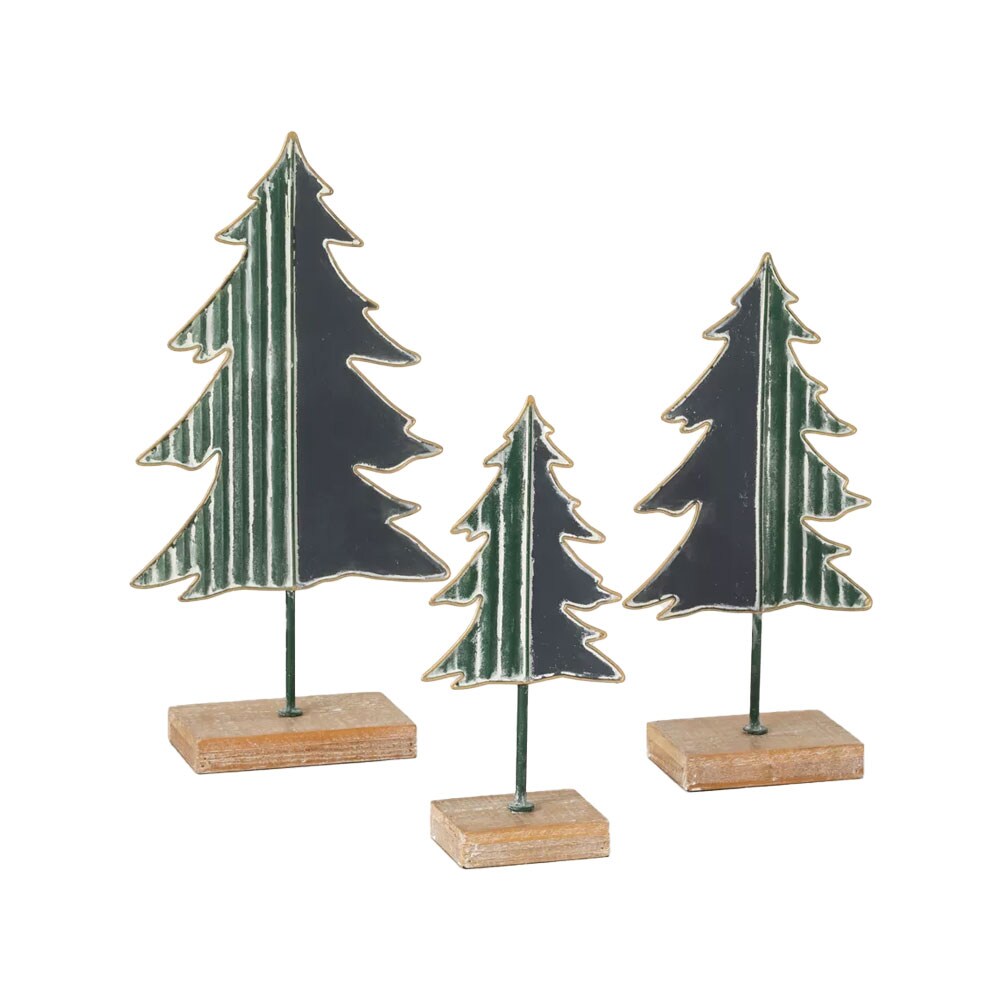SET/3 Green Tree Metal & Wood 5.5x3.25x12H, 7.5x4x14.75H, 9.5"x4"x17.5"H