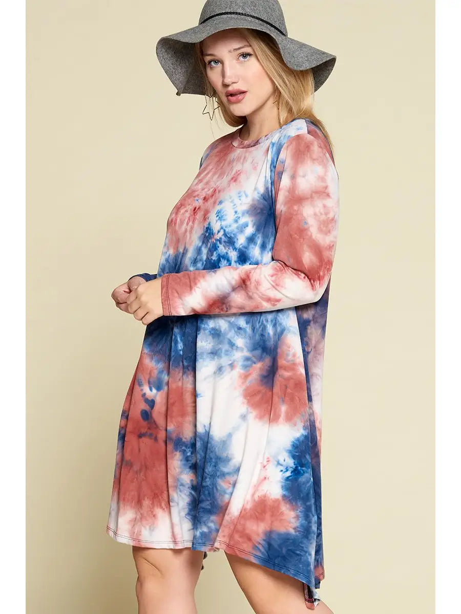 Plus Size Tie Dye Wash Out Fishtail Hem Dress-Blue/Rust