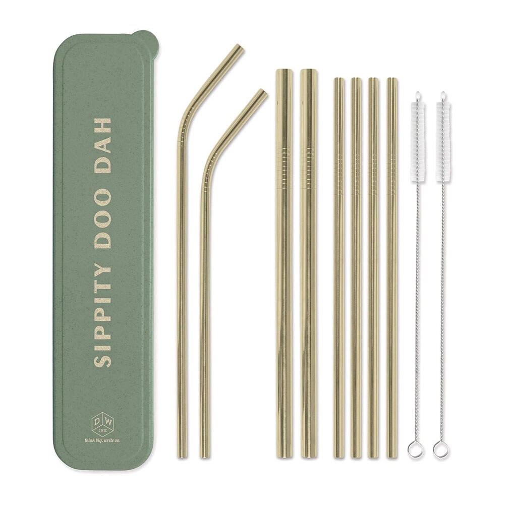 8 Gold SS Straws, 2 Brushes, w/Plastic Travel Case, Sippity Doo Dah