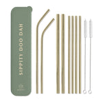 8 Gold SS Straws, 2 Brushes, w/Plastic Travel Case, Sippity Doo Dah