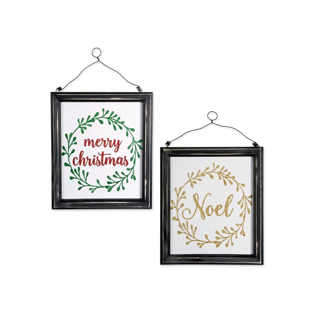 Noel & Merry Christmas Holiday Hanging Signs, Wood, SET/2, 8.5"Lx9.75"H